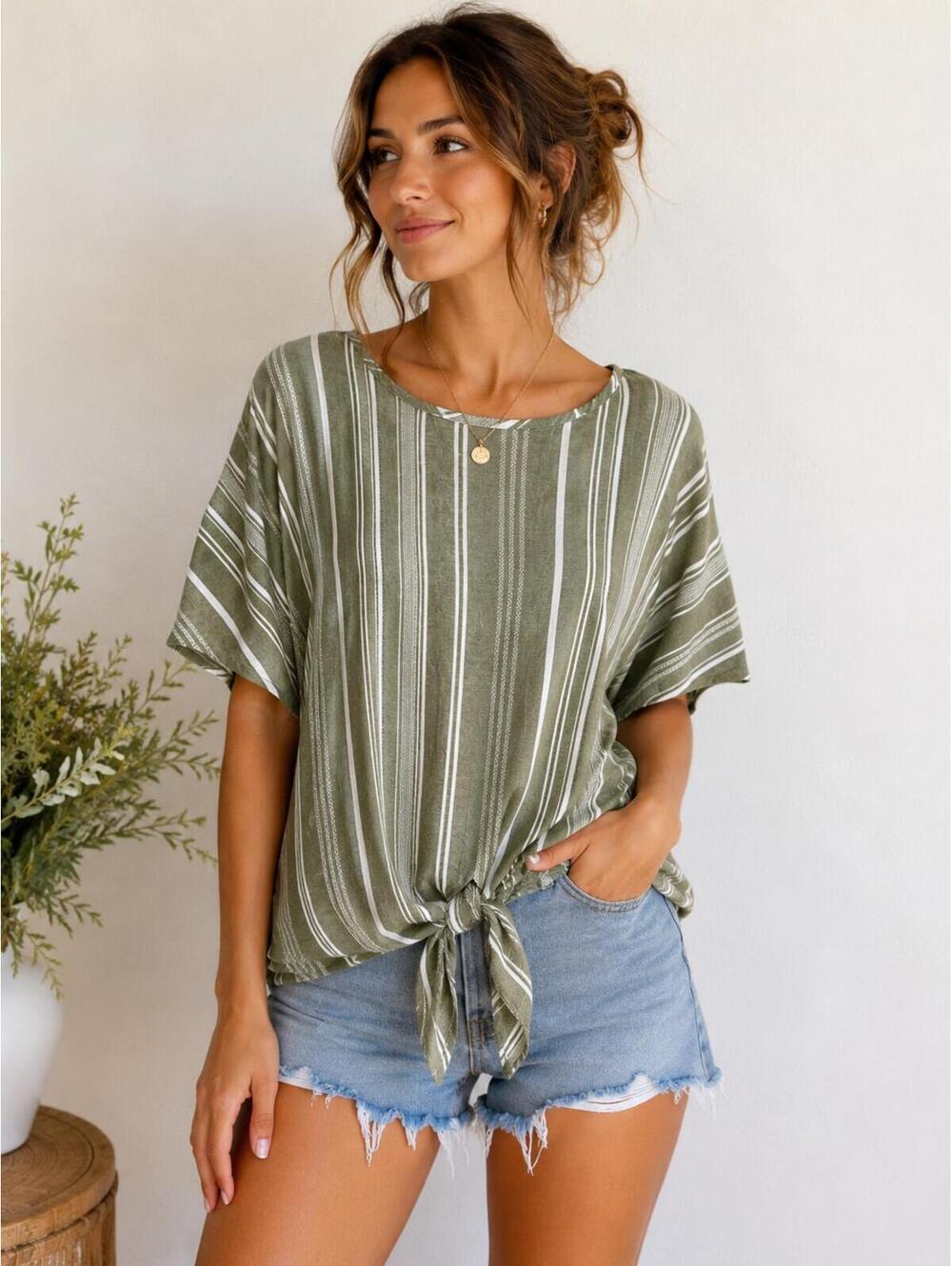 Linen Blend Tie Front Striped Top Olive Green Size M